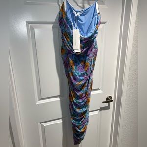 NWOT Veronica Beard Quiana Lake Blue Floral Mesh Ruched Midi Dress size 6 $498